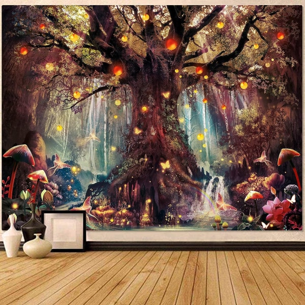 Fantasy Forest Gobestry Varm Fairy Tree of Life Gobelänger för sovrum Estetisk Natur Vägghängande Svamp Fjärilsalver Wa