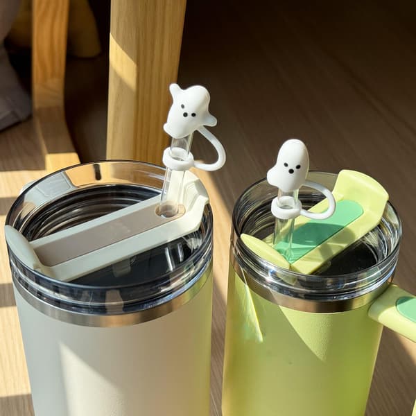 Cute Ghost Straw Covers, Compatible with Stanley Cup 30 40 oz, 4-Piece Reusable Silicone Straw Toppers, Fun Mug Accessories