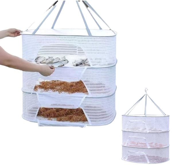 1-piece Herb Drying Rack - Three-layer Hanging Mesh Fabric, Foldable Hanging Clothes Rack - Mesh Laundry Basket - White