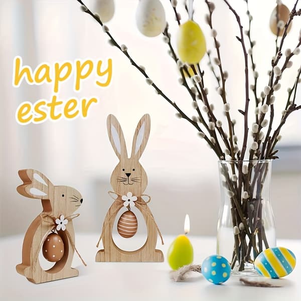 2-piece Wooden Table Decoration with Rabbit, Easter Eggs and Flowers 2pcs