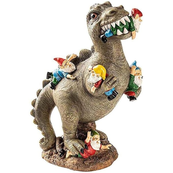 Utendørs hagegnom-statue - spise dinosaur, humoristisk hagegnom, finurlig skulptur for gårdsplassen, ornament for utendørs hagestatue