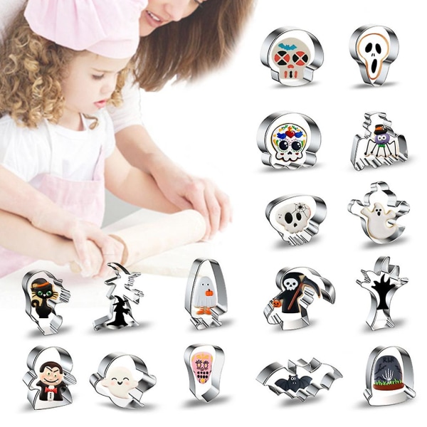 16 stk Halloween Spooky Skull Cookie Udstikkere Sæt Rustfrit Stål Cookie Udstikkere Fondant Konditori Dekoration DIY Bageforme