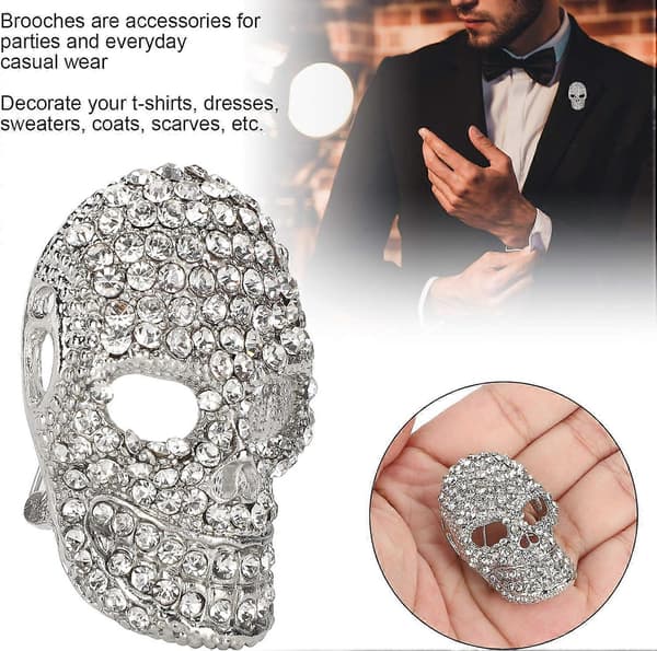2 stk. Dødningehovedbroche, mode glitrende rhinsten dødningehovedbroche til tøjtilbehør Halloween festgave (sølv)