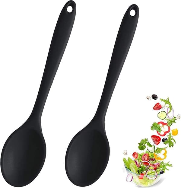 Two silicone spoons, heat-resistant and hygienic design, kitchen utensils, mixing spoons, baking tools (black).