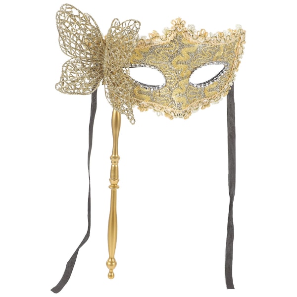 Maskerad mask med pinne maskerad maskerad maskerad dans fest mask bal mask för kvinnor gyllene 34x21 cm Golden 34x21cm