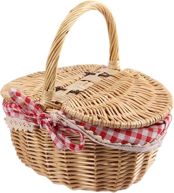 Wicker Picnic Basket with Lid, Handle and Lining - Portable for Fruit, Candy, Weddings, Outdoors - Brown