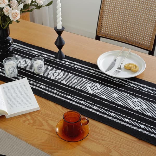 Black Boho Table Runner with Tassels 34 x 183cm, Cotton Linen Woven Farmhouse Table Runner Bohemian Dining Table Runner