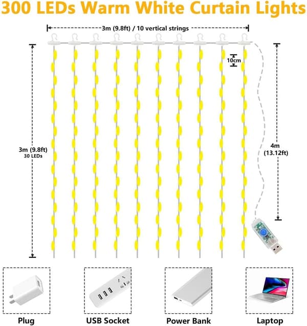 LED Curtain Lights String Lights, 3m × 3m 300 USB Fairy Lights 8 Modes with Remote Control for (warm white)