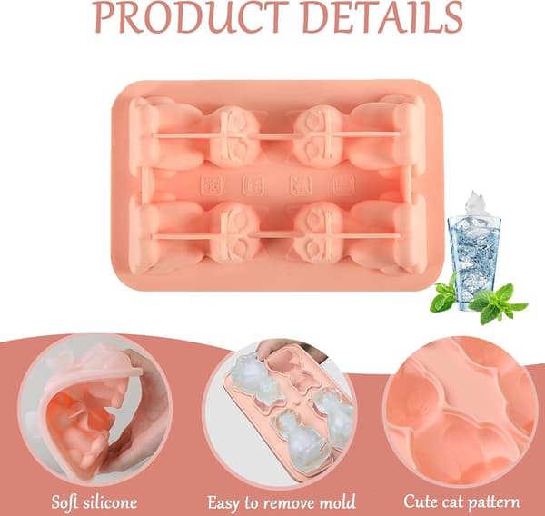 Cat-shaped ice cube mold, Large silicone ice cube mold, Reusable, For iced coffee and fruit juice, Pink