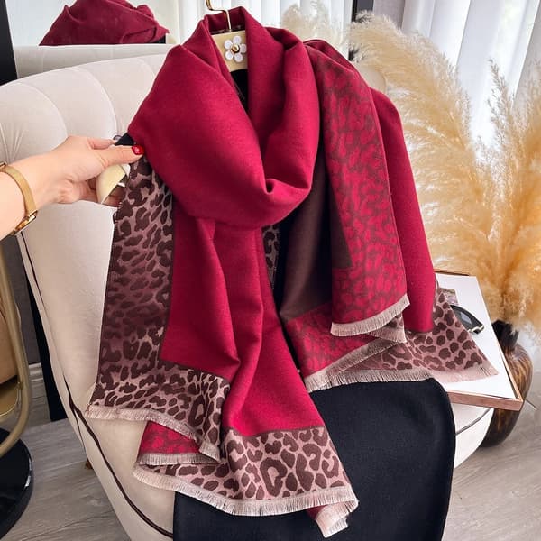 Red and Grey Leopard Print Shawl/Scarf, Extra Large Blanket Size, Cashmere-like Texture with Tassels.