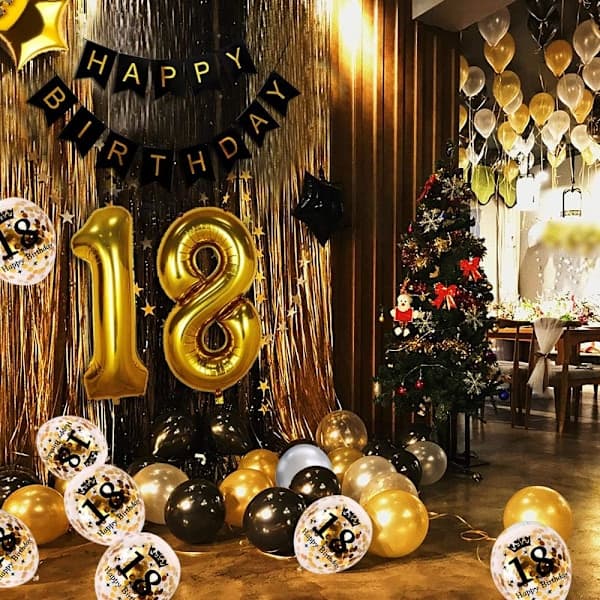 18 år svart gull bursdagsdekorasjon, gratulerer med dagen banner, h