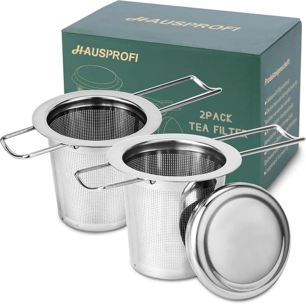 Teinfuser, 304 rustfrit stål te-si med låg og foldbart håndtag, tefilter til tekander kopper krus til at brygge løse blade, 2-pak