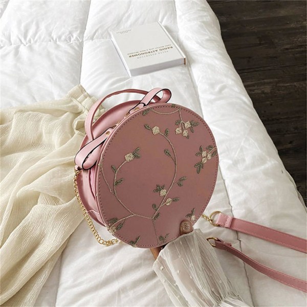 Handväska Rund Damväska Enfärgad Liten Trendig Vardagsväska Färg Fräsch Crossbody Spets Vadderade Väskor för Utomhusbruk