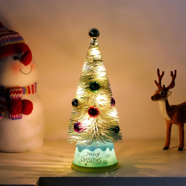 Miniatyrjulgran med snötäckta tallnålar, julgranskulor, dekorationsgran med LED-lampor, konstgjord förbelyst julgran för K