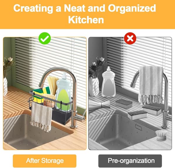 Kitchen Storage and Organization, Sink Organizer with Hook for Bathroom and Kitchen Countertops (Grey)