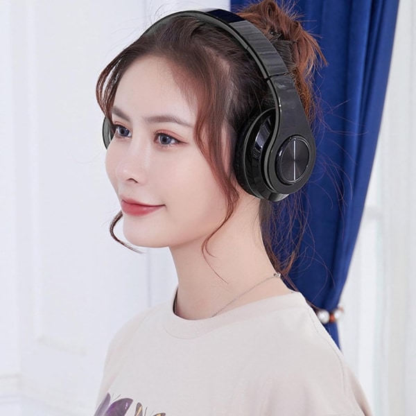 Over Ear Bluetooth-hodetelefoner, sammenleggbare LED-stereohodetelefoner med innebygd mikrofon, støyreduserende trådløs (svart)