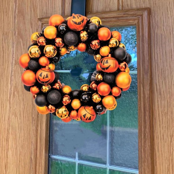 Oranssi ja musta kranssi, kurpitsakranssi, puukukkien kranssi, keinokukkien kranssi, Halloween-kranssi