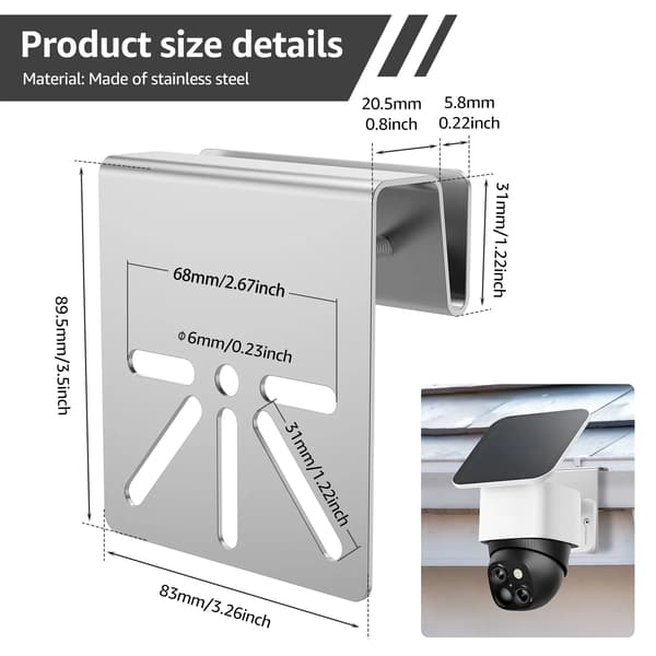 Gutter Mount Bracket for Solar-Powered Security Camera, Weatherproof Stainless Steel Outdoor Holder, Silver, 2 Pcs