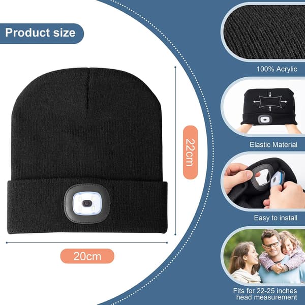 LED-hat med lys, Unisex Genopladelig LED-pandelygtehat, Sort