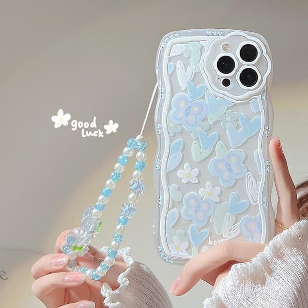 For iPhone 13 Pro Mobile Case Heart Shape Butterfly Pattern Transparent TPU Protective Cover with Pearl Chain
