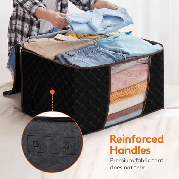 Large Storage Bag for Clothes with Reinforced Handle Thick Fabric for Quilts, Blankets, Bedding, 3-Pack, 90L, Black