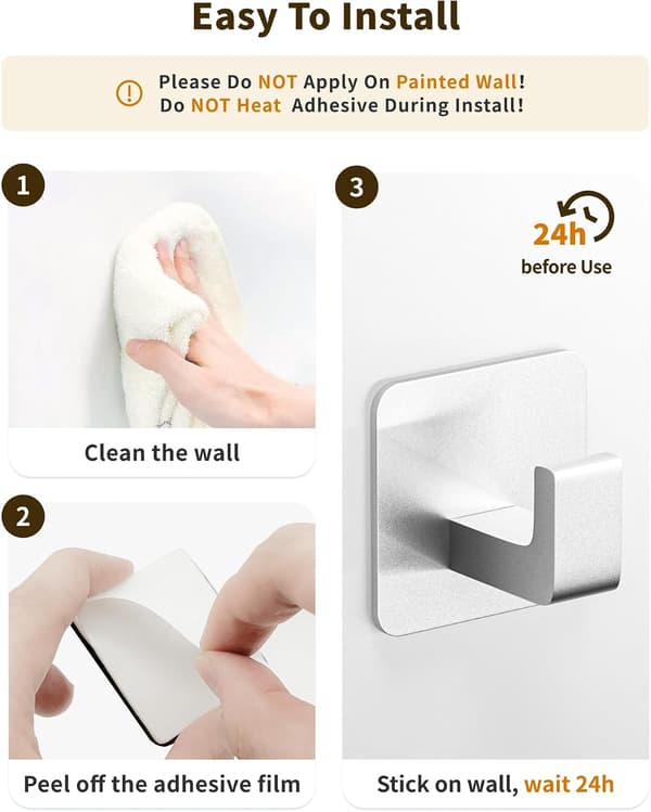 Square Self-Adhesive Towel Hooks - 4 Pcs Matte Black Wall Hooks for Hanging Towels Coats - Modern Stylish Bathroom and Kitchen Hooks - Silver