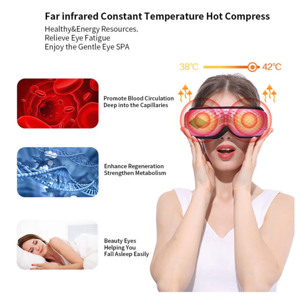Øyemassasjeapparat med varme, luftkompresjon øyemassasjeapparat for migrenehodepinelindring med Bluetooth-musikk, infrarød øyemassør