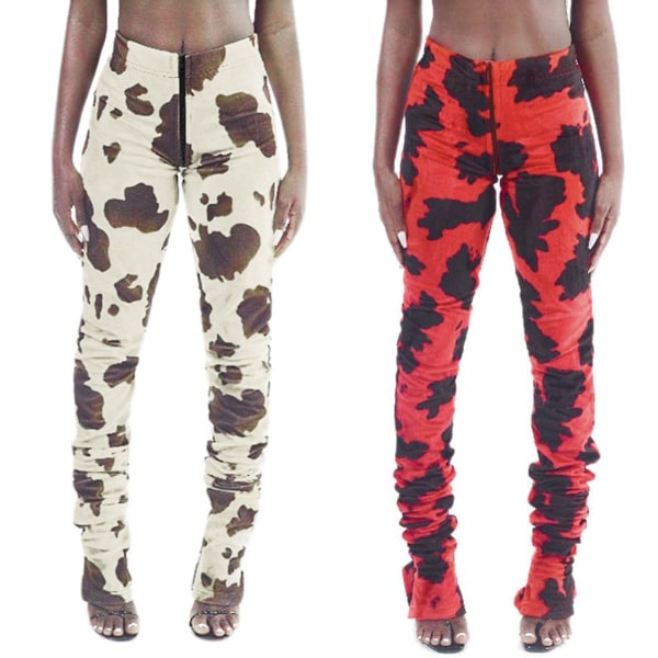 2x Cow Print Zipper Women Stacked Pants High Waist Fashion Street Style Slim Bodycon Autumn Long Tr