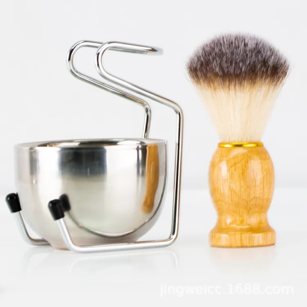 Men's Stainless Steel Shaving Brush Set with Wooden Handle