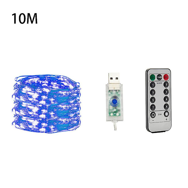 10m Blå 5/10/20m USB Koppartrådsljussträng Trådlös Fjärrkontroll LED Stjärnljus 10m Blå