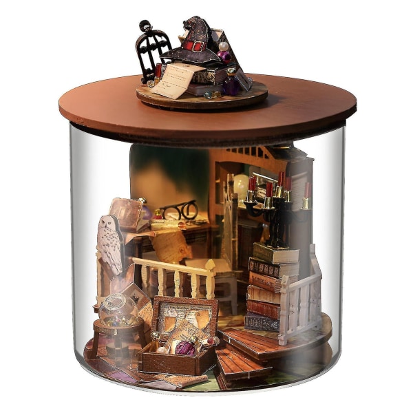 Dollhouse Miniatyrträmöbelsats, Mini handgjord dockhusmodell med cover LED, Creative Wooden Craft ToysA