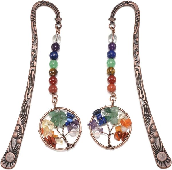 Bronse Metall Stjerner Måne Sol Bokmerke med 7 Chakra Perler Wire Wra