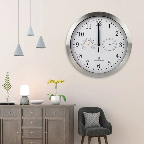 12 inch Automatic Time Setting Scanning Radio Controlled Clock Temperature Hygrometer Wall Clock Silent Design