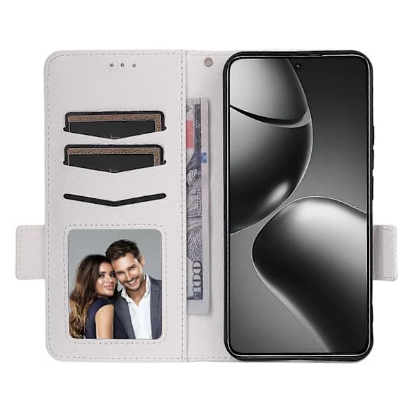 (pow yeah!) TKdaddy Fodral för Xiaomi 15T Pro Litchi-textur Plånbok Läderfodral med handledsrem Vit