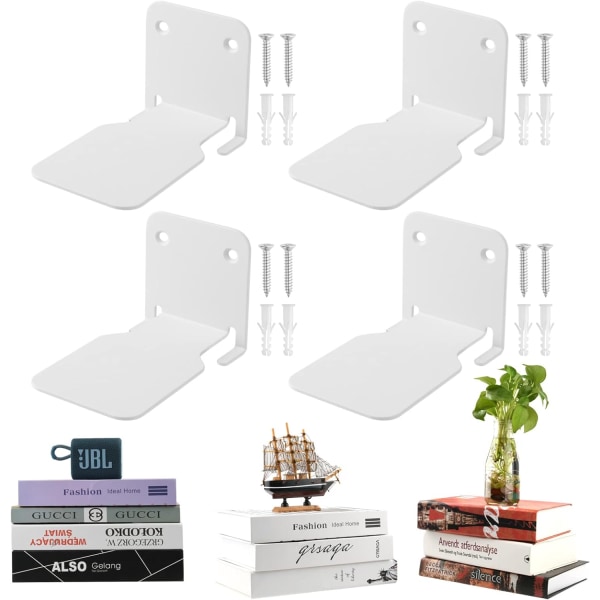 Invisible Floating Bookshelves, Heavy-Duty Book Organizers, Wall Mounted Bookshelf, Iron Storage Shelves(Small) (4 Pieces, White)