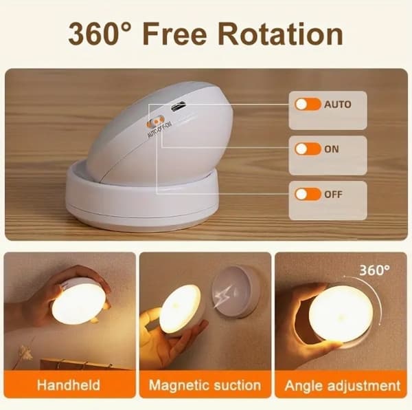 Motion Activated LED Night Light - USB Rechargeable Sensor Night Lamp - White Light