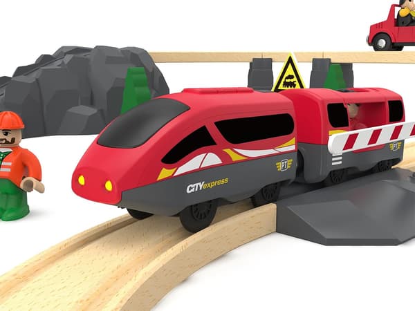 Motorized Train for Wooden Train Tracks, Remote Control Train with Magnetic Coupling, for Toddlers, Compatible with Thomas, Brio, Red