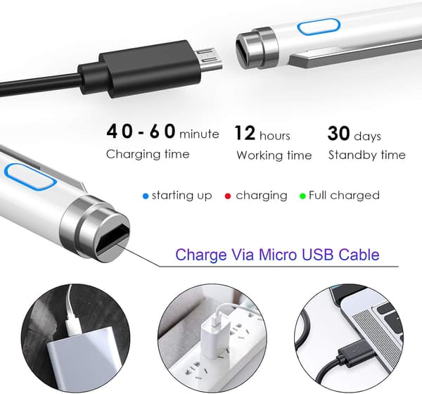 Touchscreen Pen Active Stylus Rechargeable iPad Pen 2 in 1 Fine Point Digital Pen Compatible with iPhone/Android Phone/iPad/iPad