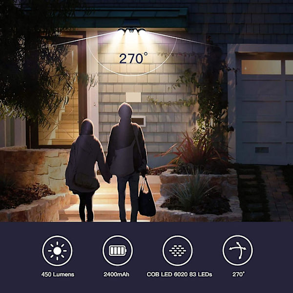 Solcellslampa för utomhus, 83cob LED-säkerhetslampor med rörelsesensor och 3 lägen, IP65 rörelsedetektorbelysning solcellslampa 6500K vattentät solcellslampa 2-pack