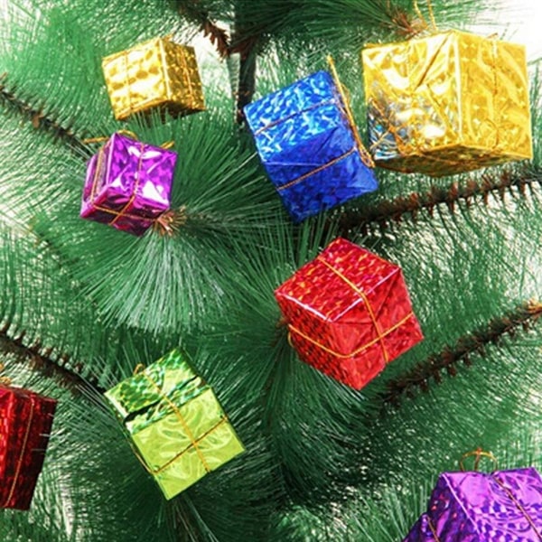 24 Aluminium Julgranspresentaskar i Olika Färger, Julpresentaskar Dekorerade med Julpynt, 2,5cm