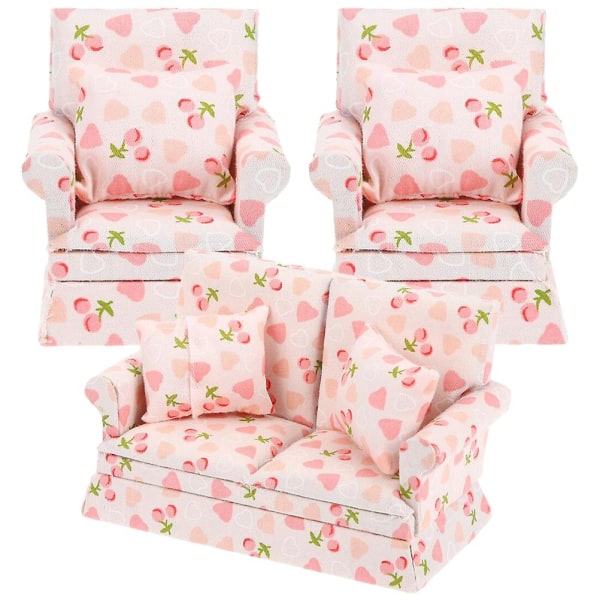 1 Sæt Dukkehussæt med Mini Enkelt Sofa, Mini Dobbelt Sofa, Miniature Møbler med Puder, Assorterede Farver Assorted Color 12.8x6.1x7.6cm