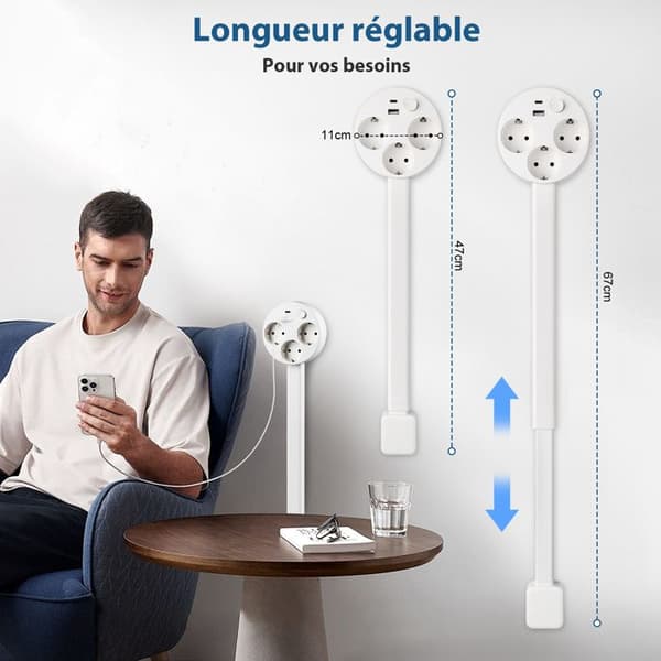 1500W power strip, 47-67cm extendable, with 3 outlets, 1 USB-C, 1 USB-A, switch, 360° rotation