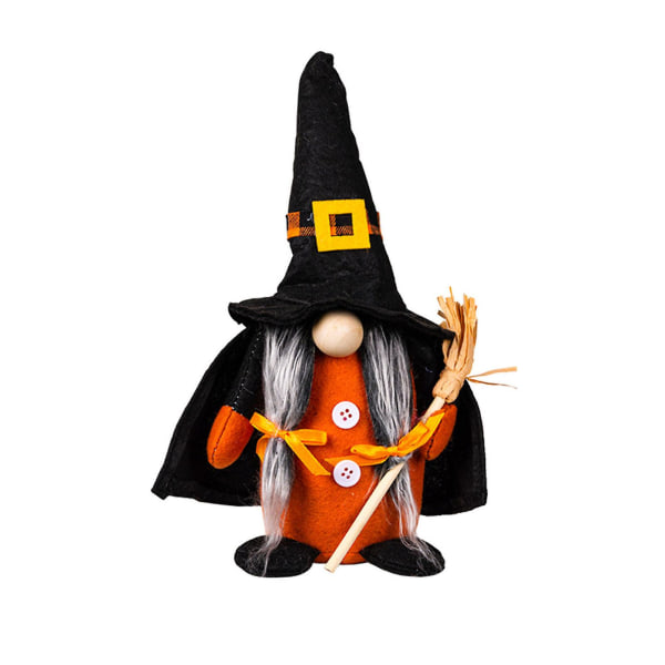 Halloweenin noitatontu pitelee kurpitsan luuta-koristetta tonttukääpiöpatsasB