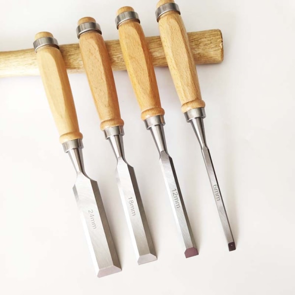 Treskjæringsverktøy sett med 4 meisler med lerretskoffert | Gouges og trebearbeidingsmeiselsett for nybegynnere og profesjonelle
