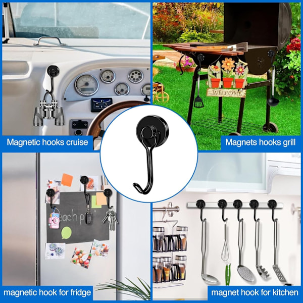 6-pack Magnetiska Krokar, 40 LBS Neodymium Magnetkrokar Stark Magnetiska Krokar Kryssning, Svarta Svängbara Magneter med Krokar för Kylskåp