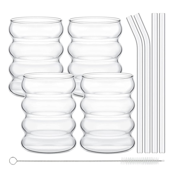 Riflede drikkeglas med sugerør, sæt med 4 vintage drikkeglas, æstetiske glaskopper, iskaffe glas, ølglas,