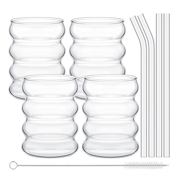 Riflet drikkeglass med sugerør, sett med 4 vintage drikkeglass, estetiske glasskopper, iskaffe-glass, ølglass,