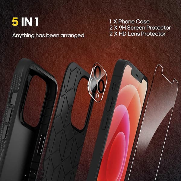 [5 in 1] Shockproof Protective Case for iPhone 14 with 2-pack Tempered Glass Screen Protector + 2-pack Camera Lens Protector Case
