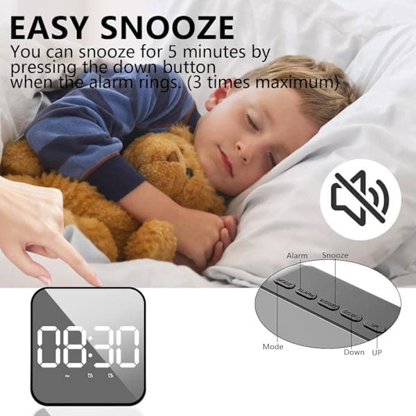 Large LED Temperature Display, Tick-Free USB/Battery Powered Clock, Snooze Function, 3-Level Adjustable Brightness, Voice Control
