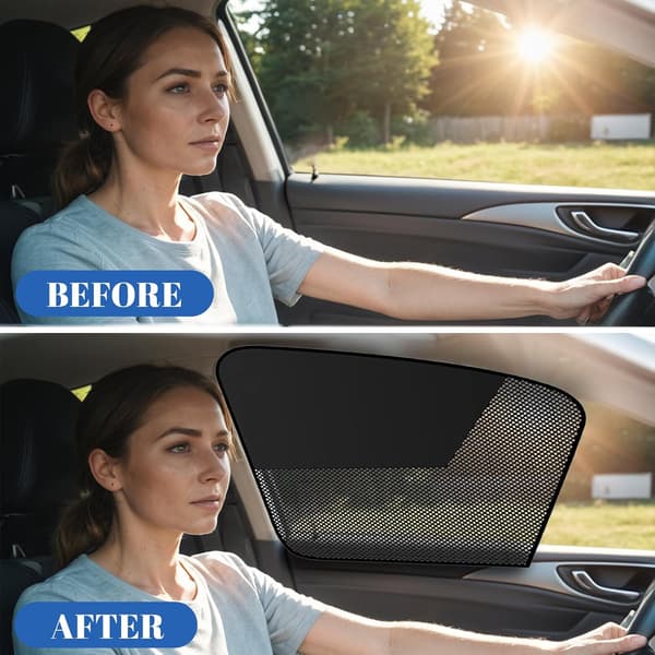 Two-piece car sunshade, designed for the driver's side, blocks UV rays and heat (windshield).